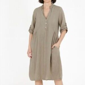 Italian Francesco Bettini neutral khaki 55% linen 45% cotton midi dress.Size L